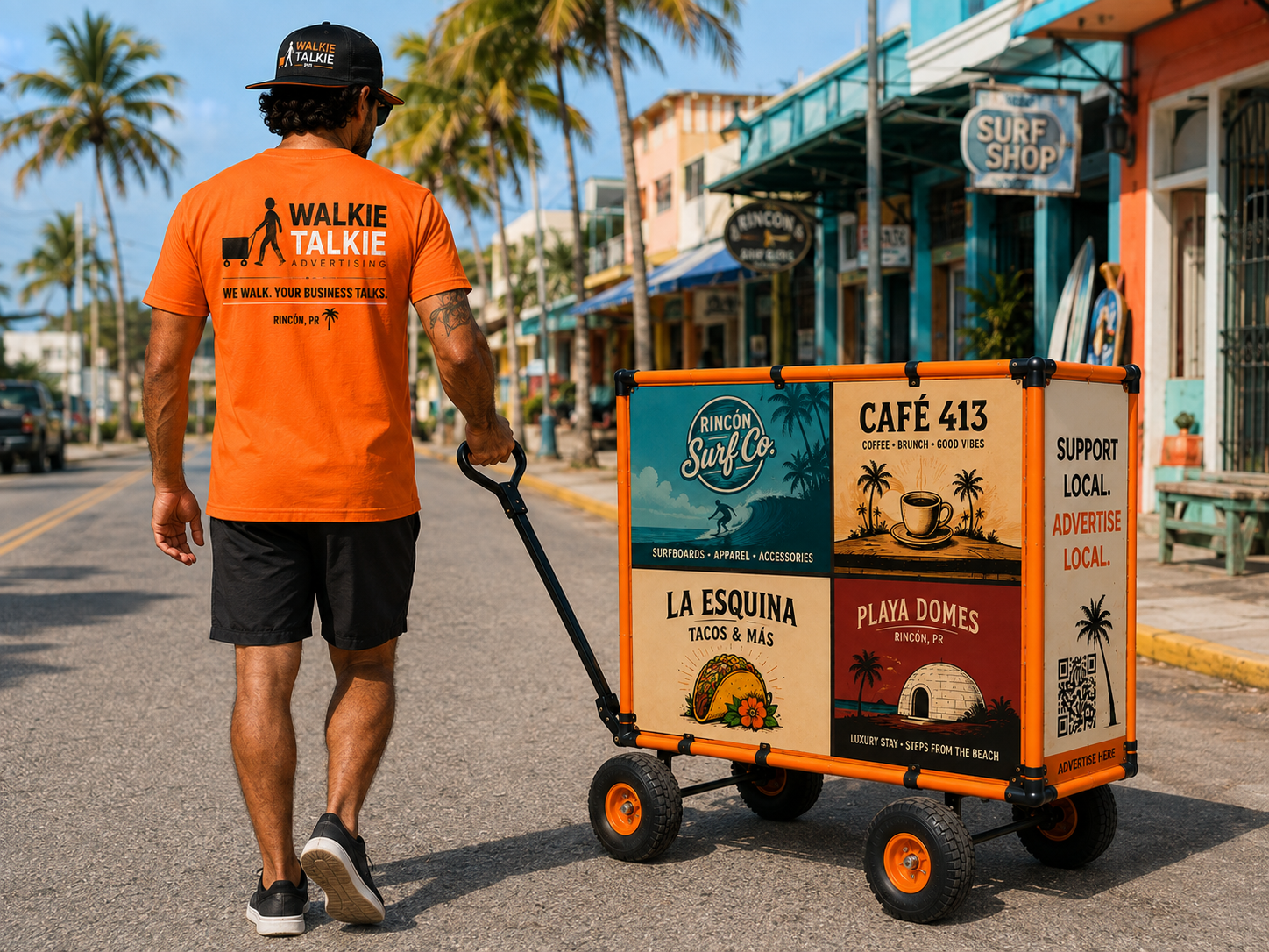 Carrito publicitario naranja estacionado en una calle de Rincón con palmeras y tiendas locales