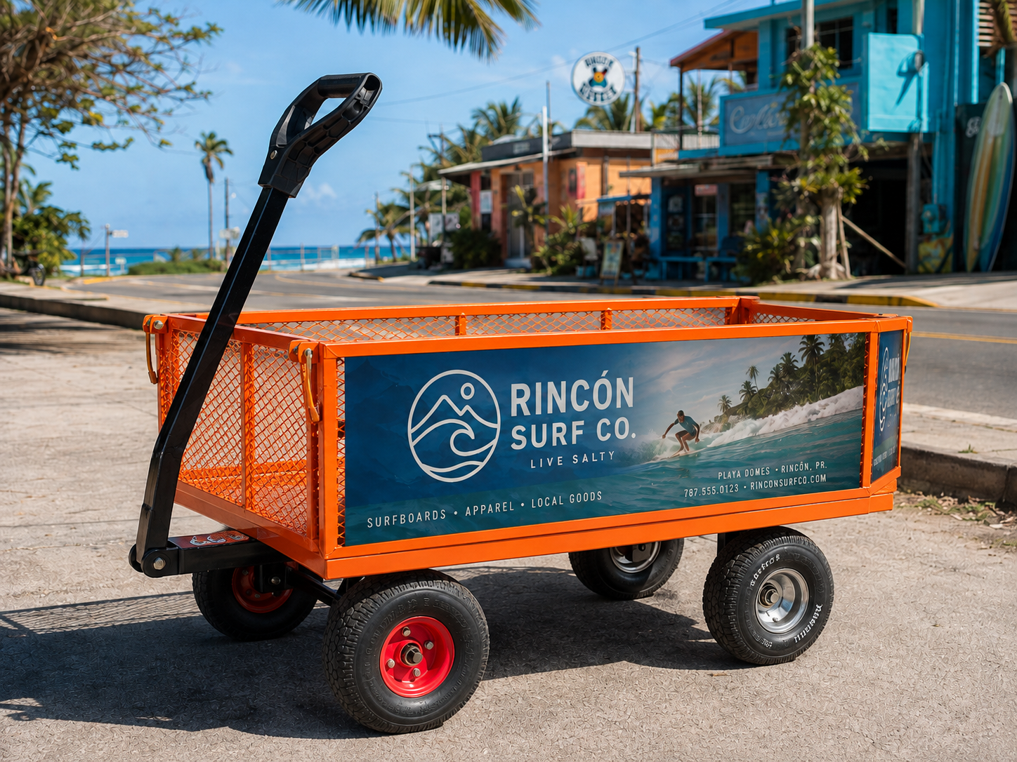 Orange Walkie Talkie cart with advertising on all three sides for one advertiser