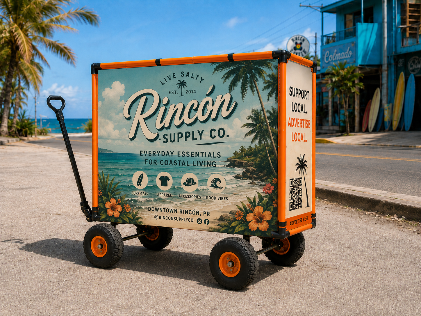 El carrito naranja de Walkie Talkie en Rincón mostrando un formato completo en un lado publicitario