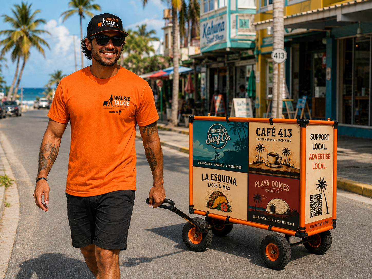 Caminante de Walkie Talkie con camisa naranja y gorra negra llevando el carrito publicitario naranja con cuatro anuncios de negocios locales por Rincón, Puerto Rico