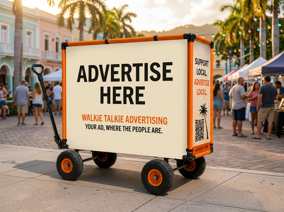 Carrito publicitario naranja de Walkie Talkie estacionado junto a una plaza concurrida de Rincón al atardecer